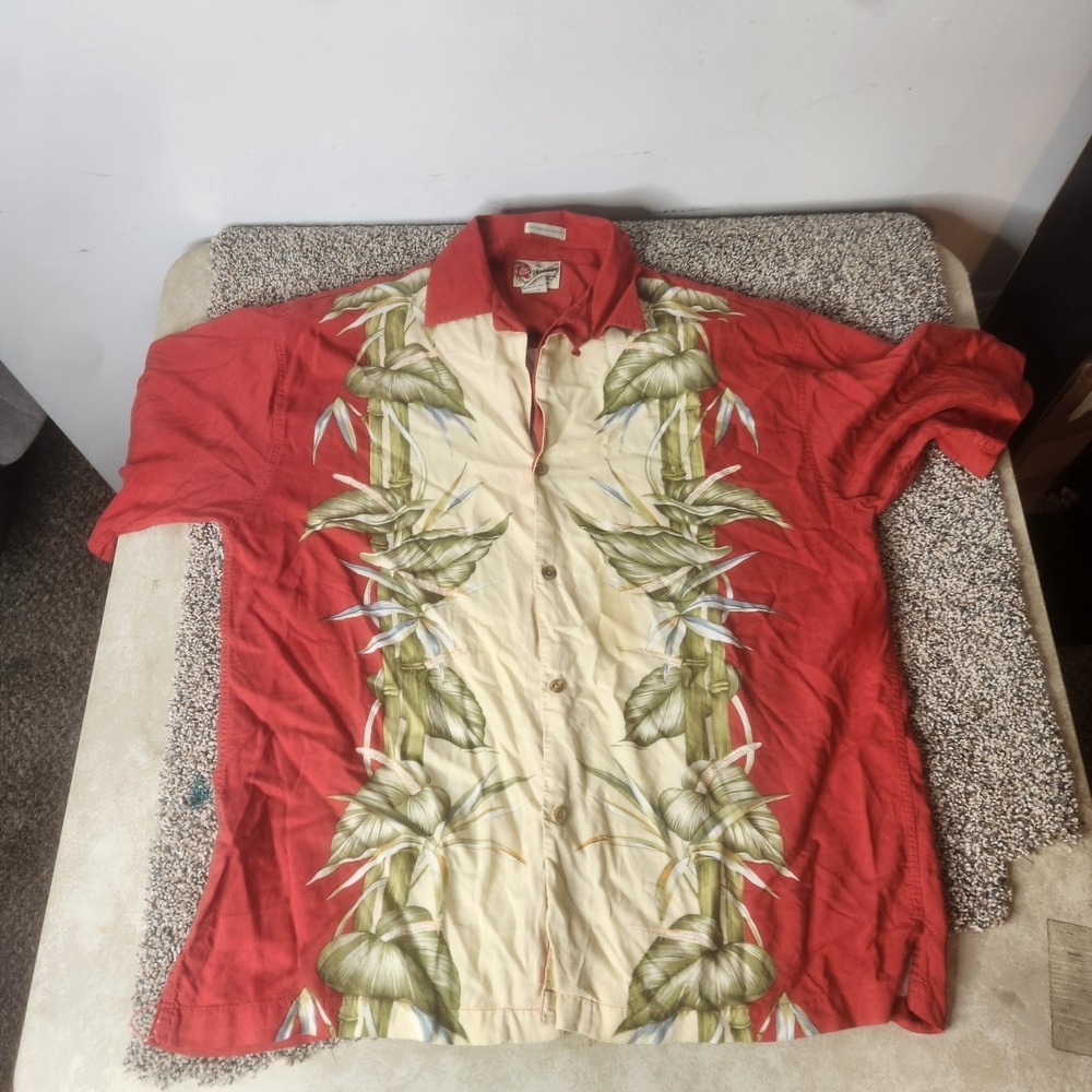 Hilo Hattie Hawaiian Original Red Bamboo Tropical Print Rayon Shirt Mens L